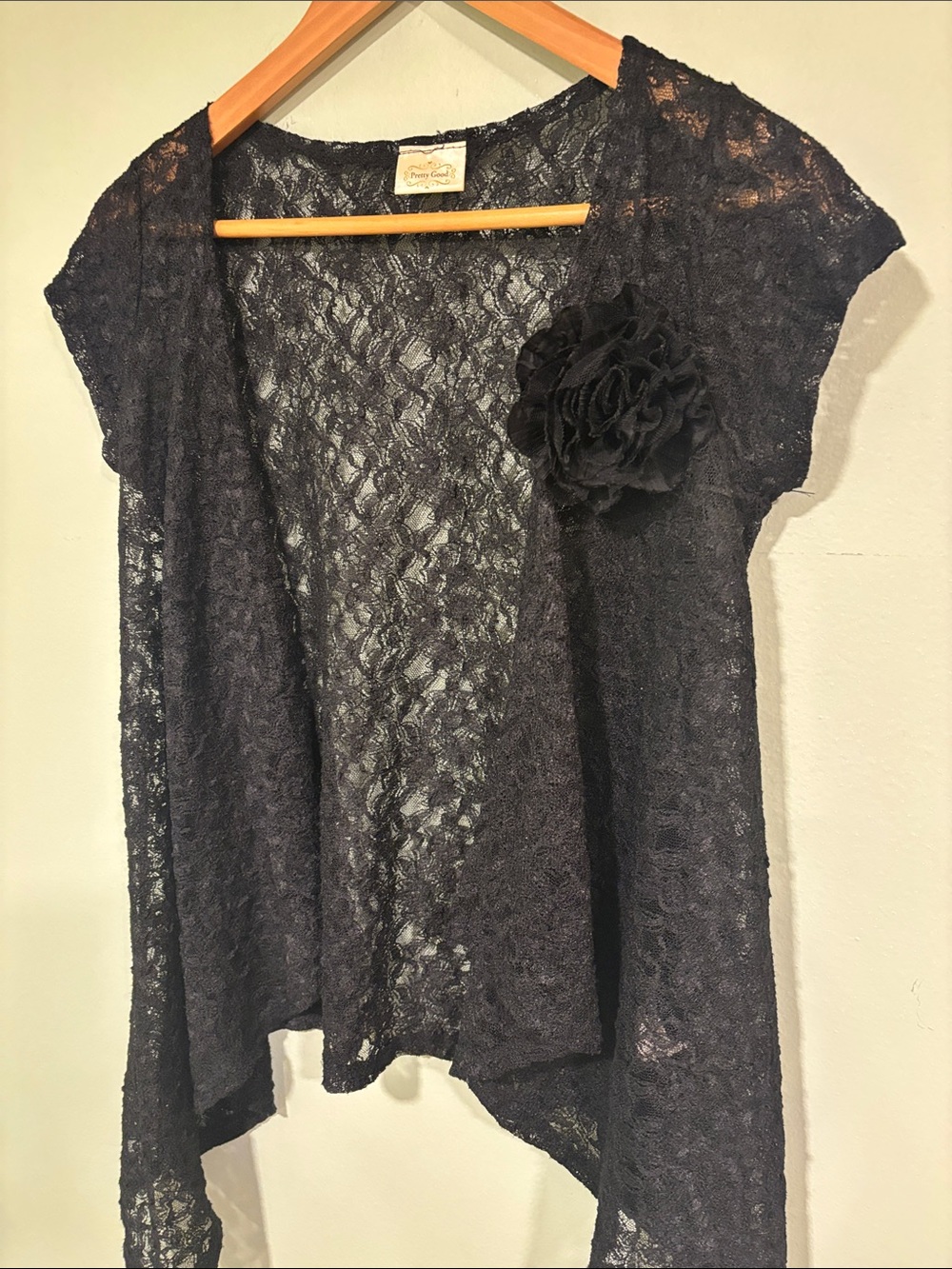 Pretty Good Women's Lace Open Front Top with Floral Accent - Black